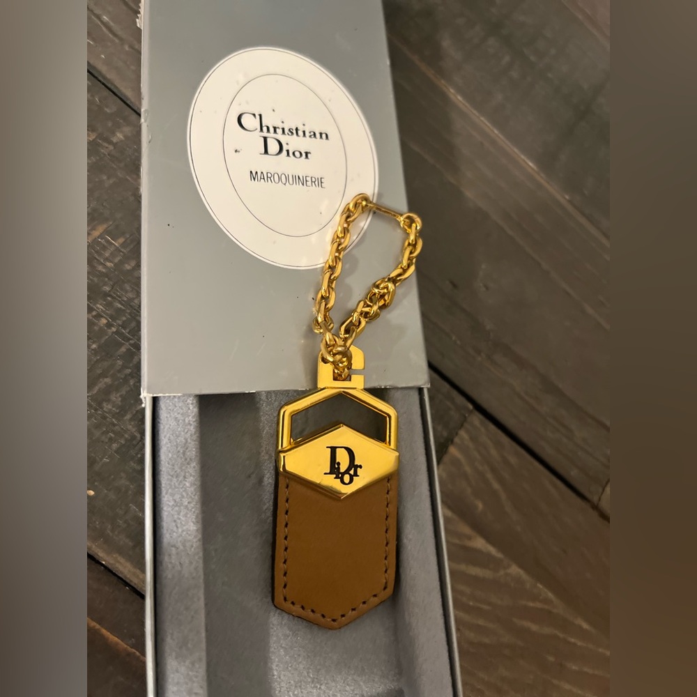 Boxed Christian Dior Key Ring Keychain Gold Tan Leather Tone Rare